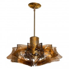 Brass pendant ceiling fixture with amorphic amber glass shades